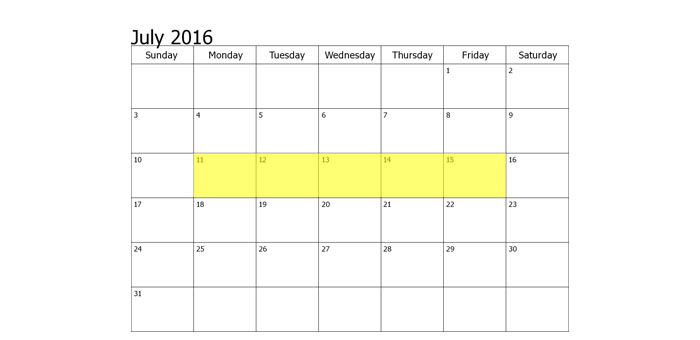July 11-15 2016 Food Holidays