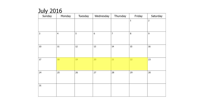 July 18-22 2016 Food Holidays
