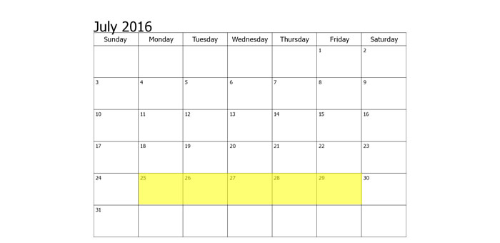 July 25-29 2016 Food Holidays
