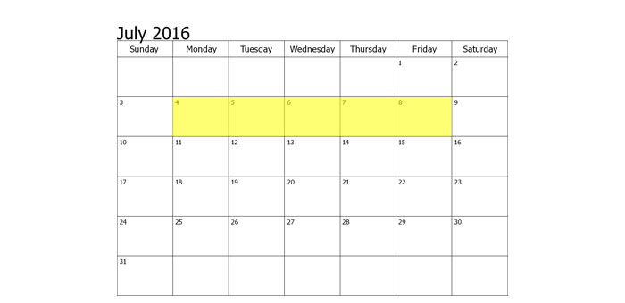July 4-8 2016 Food Holidays