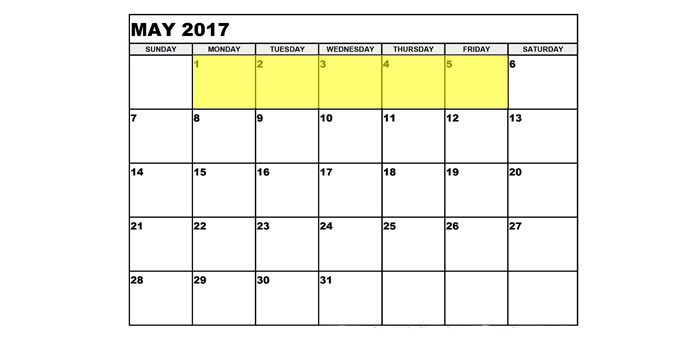 May 1-5 2017 upcoming food holidays