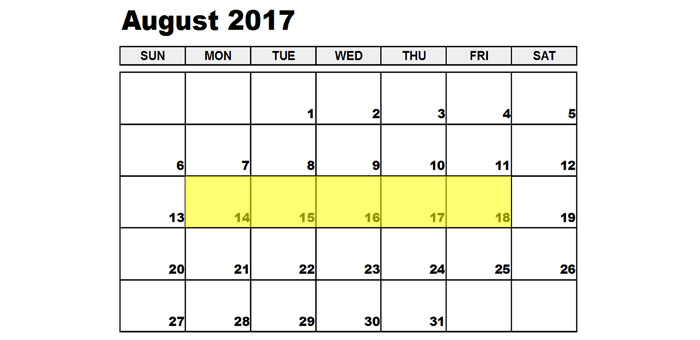 August 14-18 2017 Food Holidays