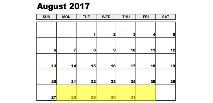 August 28-1 2017 Food Holidays