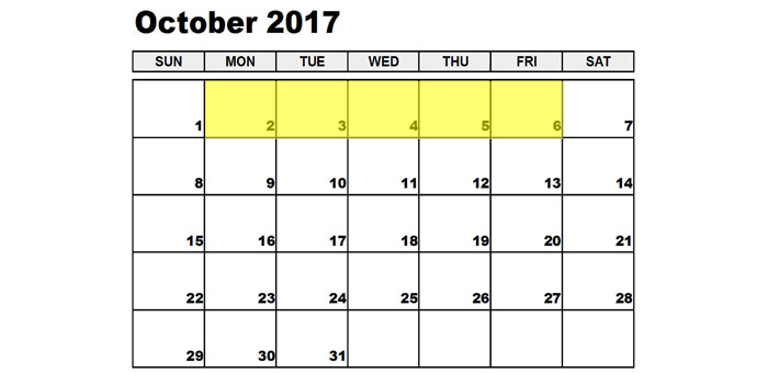 Oct 2-6 2017 Food Holidays