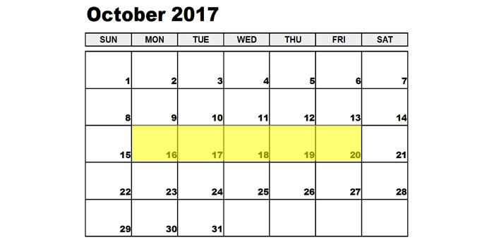 October 16-20 2017 Food Holidays