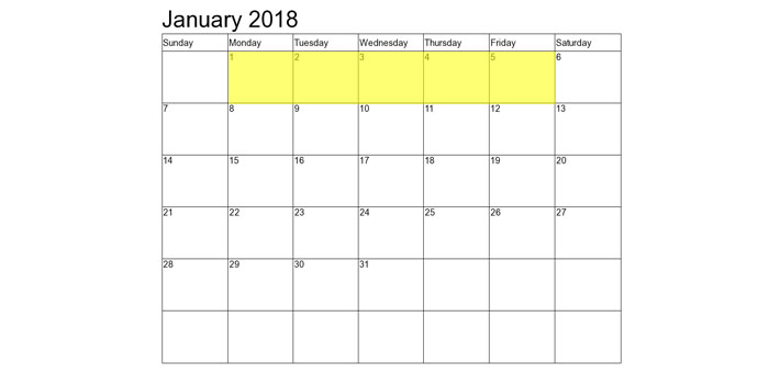 Jan 1-5 2018 Food Holidays