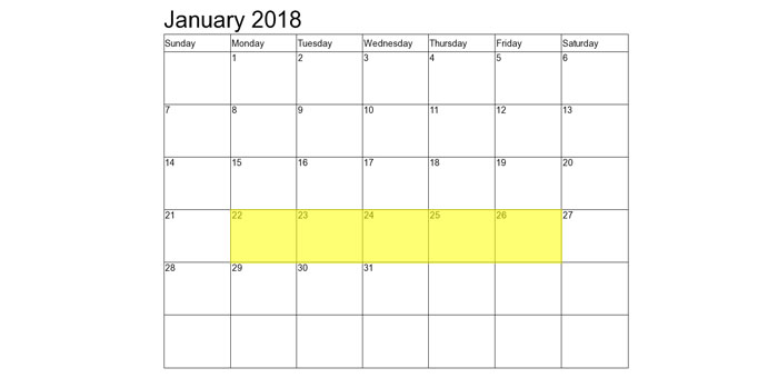 Jan 22-26 2018 Food Holidays