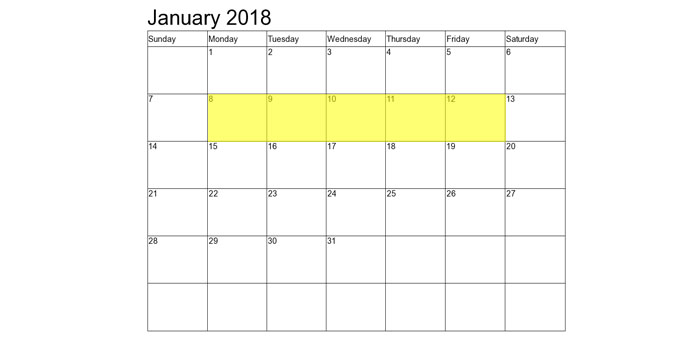 Jan 8-12 2018 Food Holidays