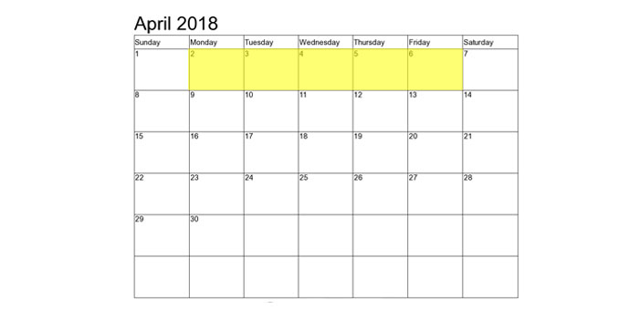 Apr 2-6 2018 Food Holidays