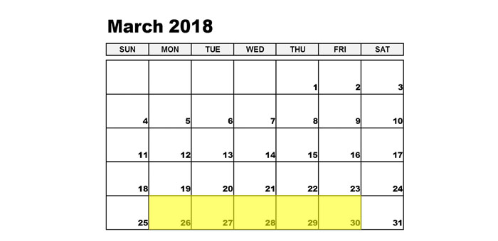 Mar 26-30 2018 Food Holidays