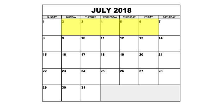 July 2-6 2018 Food Holidays