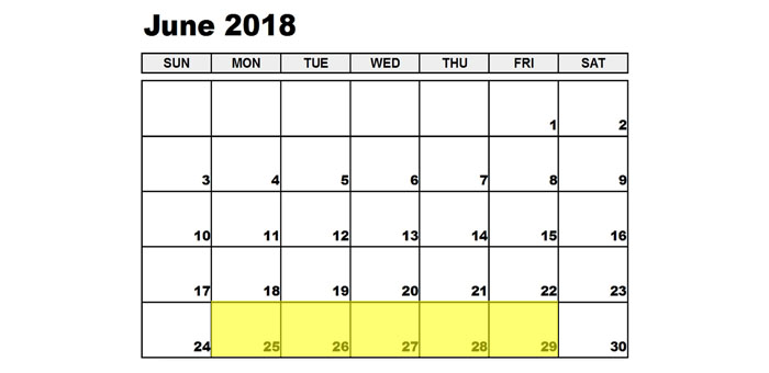 June 25-29 2018 Food Holidays
