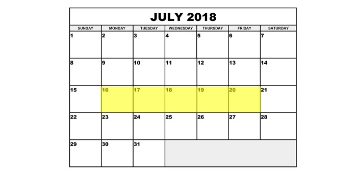 July 16-20 2018 Food Holidays