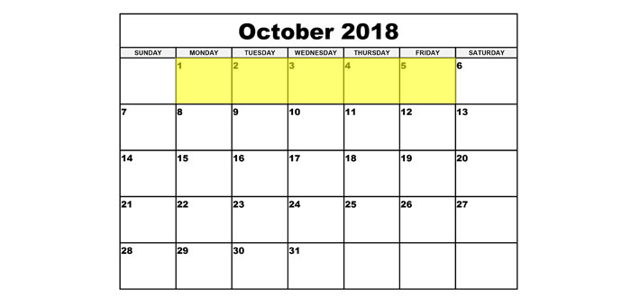 Oct 1-5 2018 Food Holidays