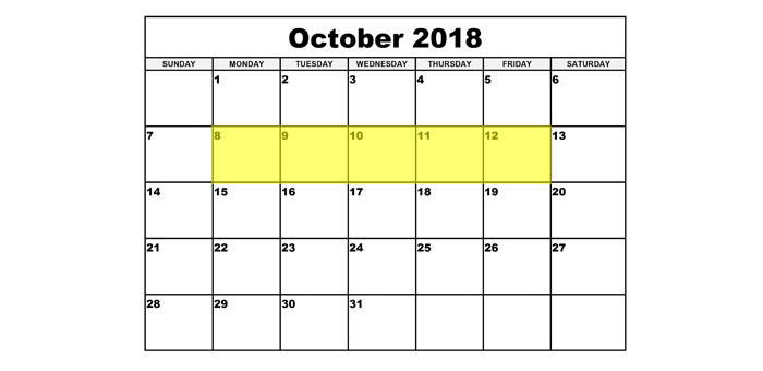 Oct 8-12 2018 Food Holidays