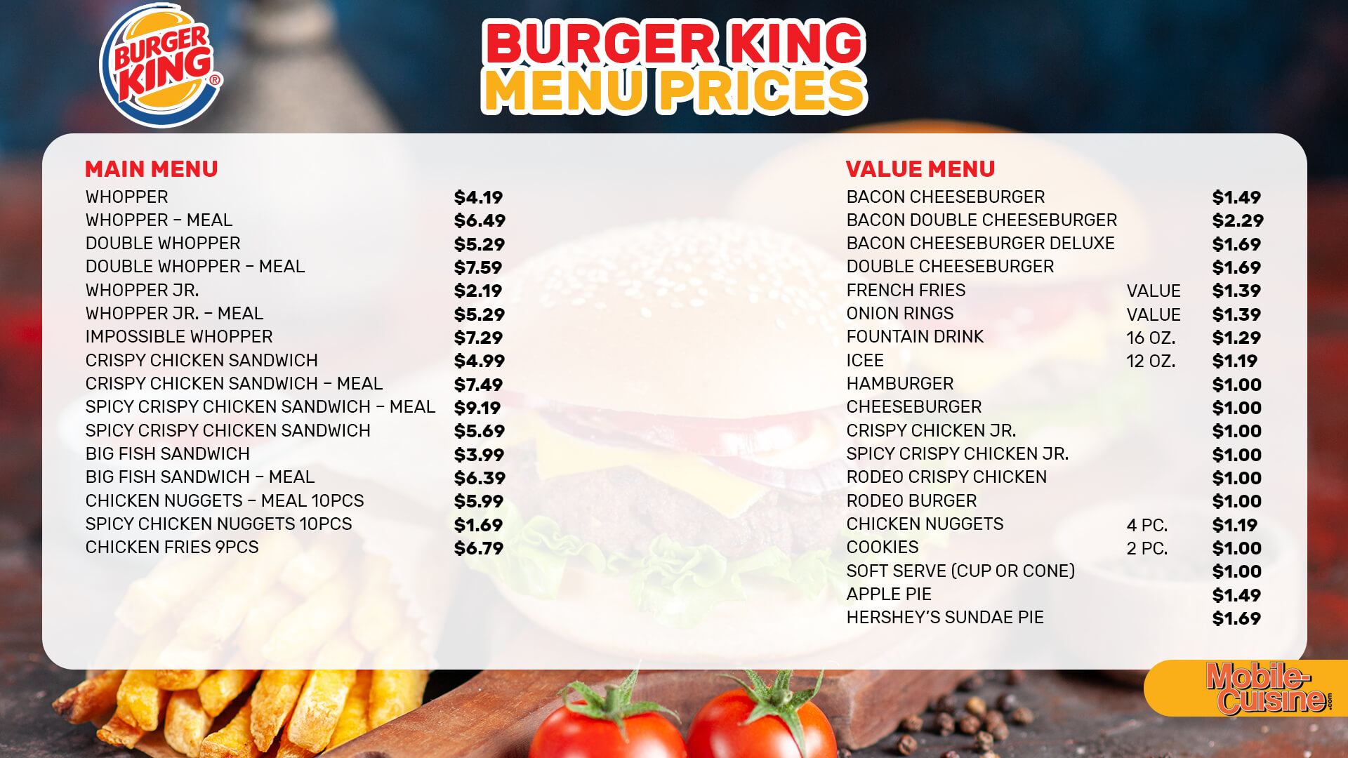Burger King menu prices