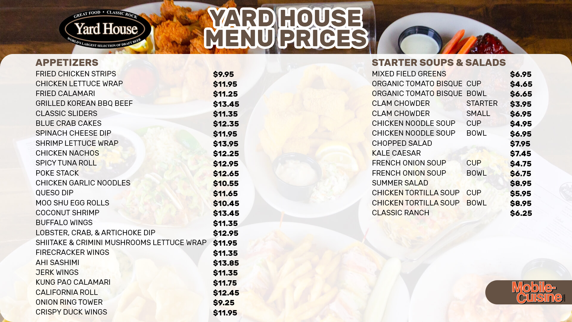 Yard House menu prices