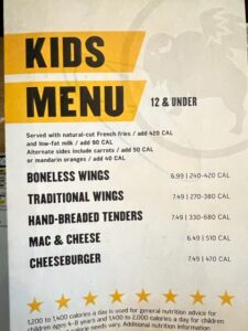 Kids menu at Buffalo Wild Wings. 