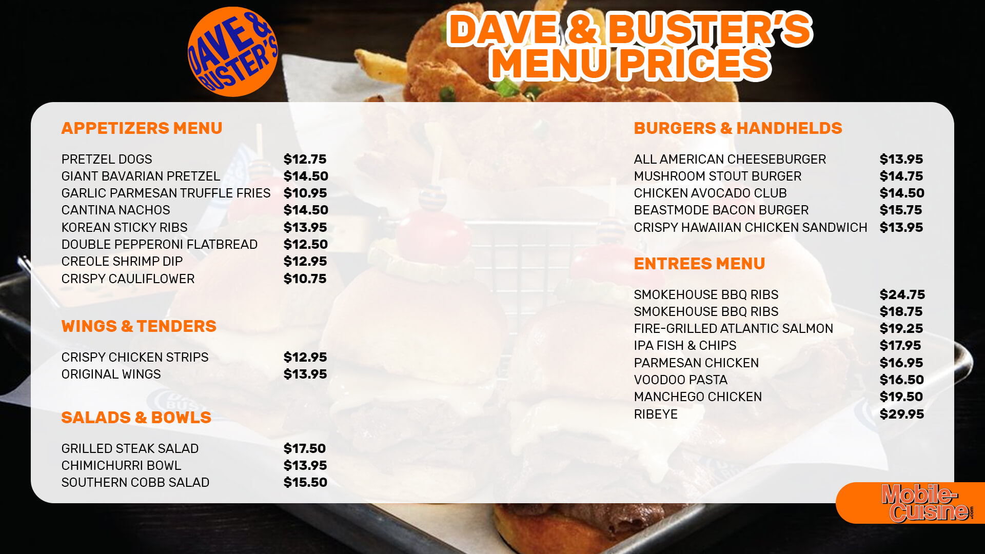 Dave & Buster’s menu prices