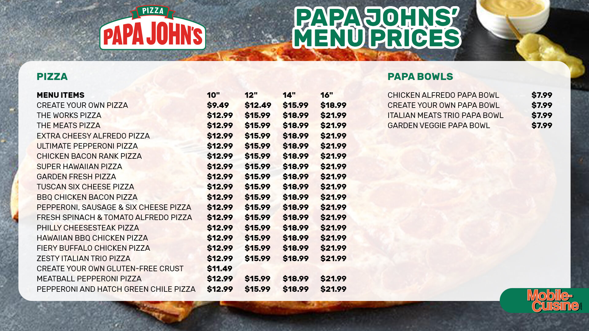 Papa Johns menu prices