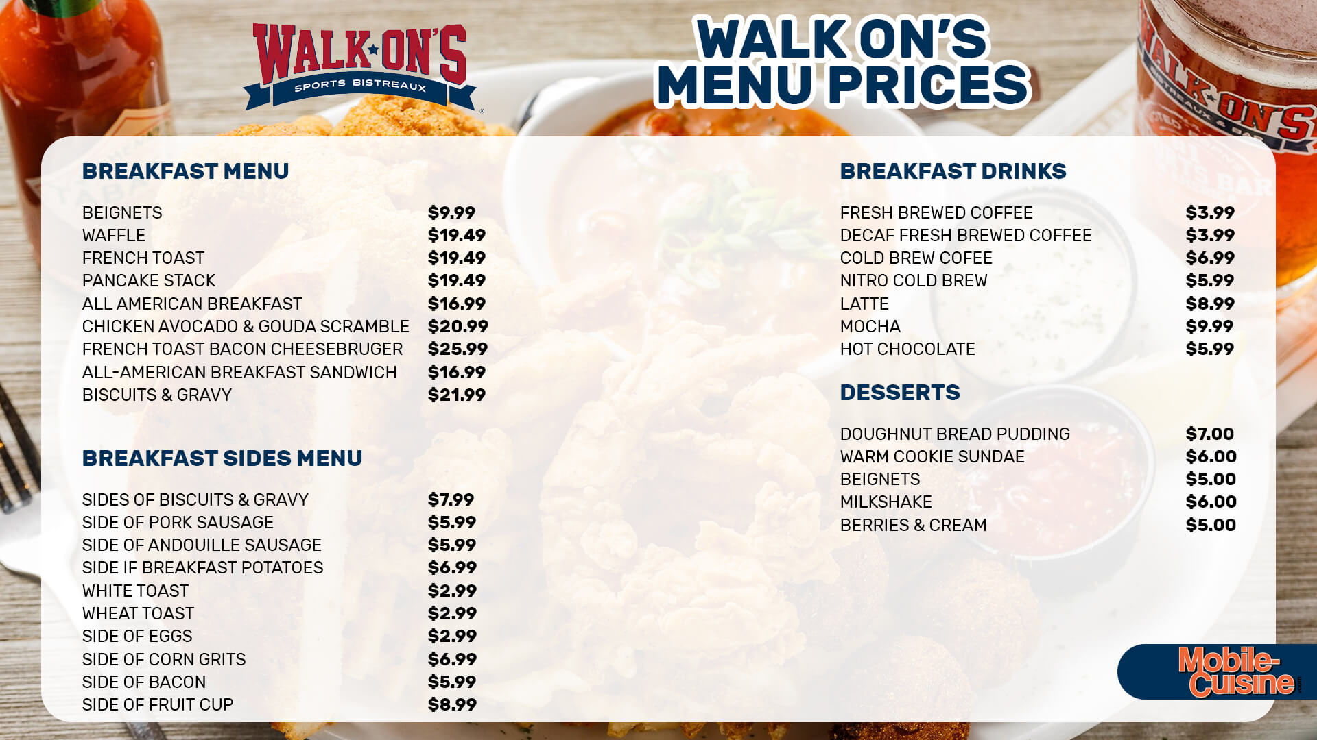 Walk On’s menu prices