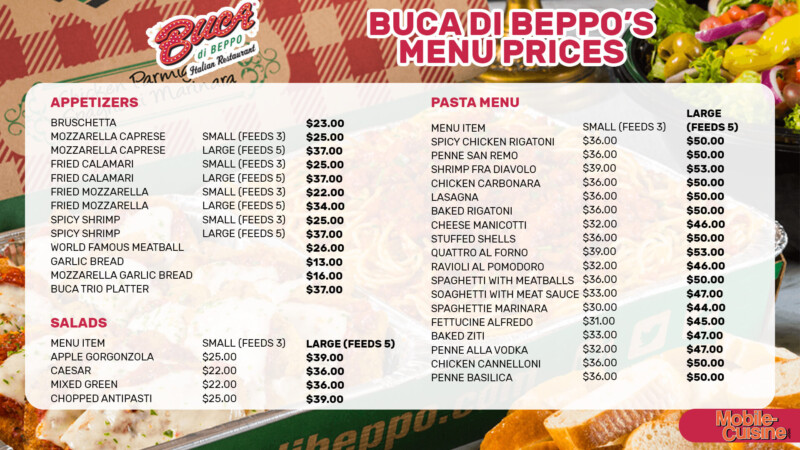 Buca di Beppo Menu Prices + $10 Off Family Style Meals (2024)