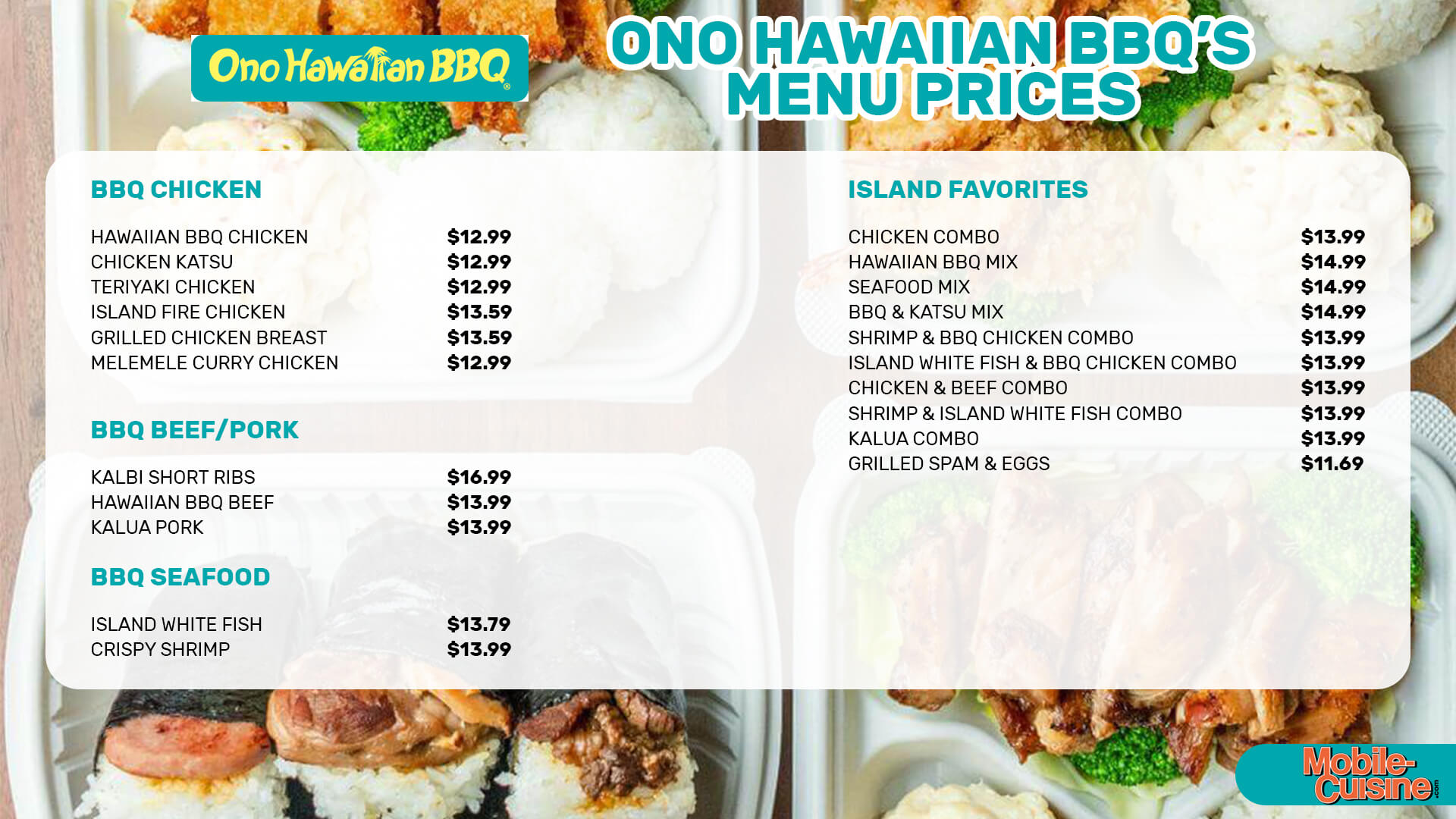 Ono Hawaiian BBQ Menu Prices 