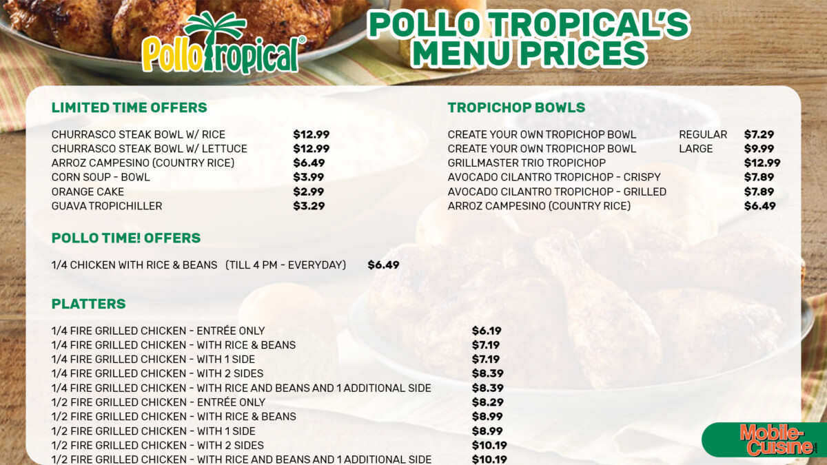 Pollo Tropical Menu Prices + Free TropiChop Bowl (2024)